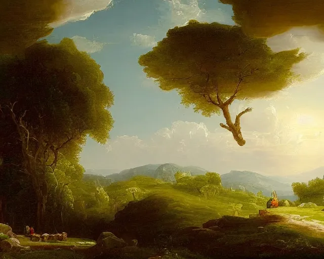 Prompt: a painting of a covered wagon traveling down a road, lush countryside, early morning, masterpiece by thomas cole