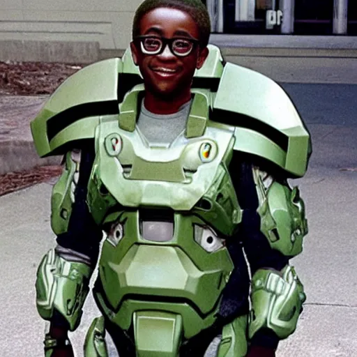 Image similar to steve urkel in intimidating futuristic halo battle armor