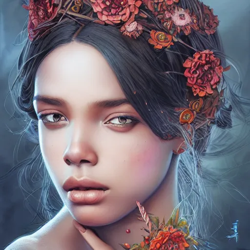 Prompt: Hyperrealistic beautiful sexy ethereal dark skinned girl with freckles portrait, art nouveau, fantasy, intricate flower designs, elegant, highly detailed, sharp focus, art by Artgerm and Greg Rutkowski and WLOP