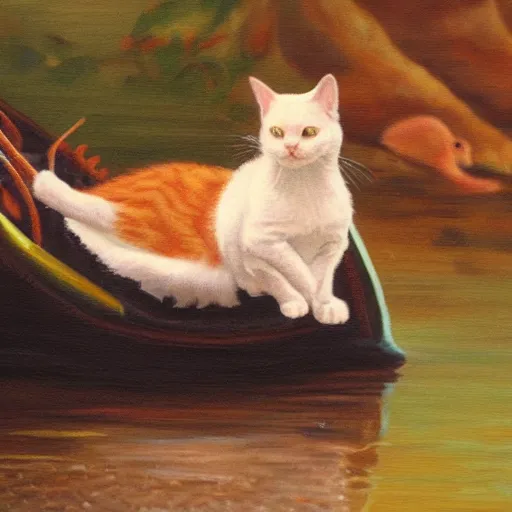 Image similar to cat riding a duck, detailed oil painting