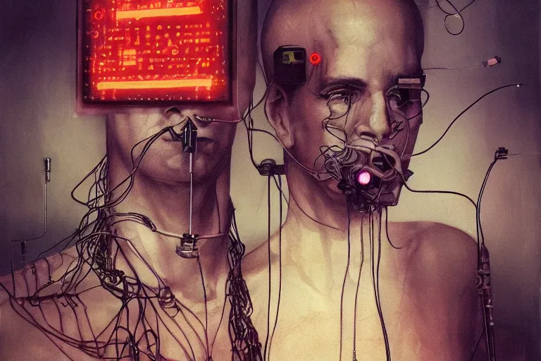 Prompt: man with wires on his head and a cigarette in his mouth, cyberpunk art by daniel merriam, behance contest winner, panfuturism, circuitry, darksynth, future tech