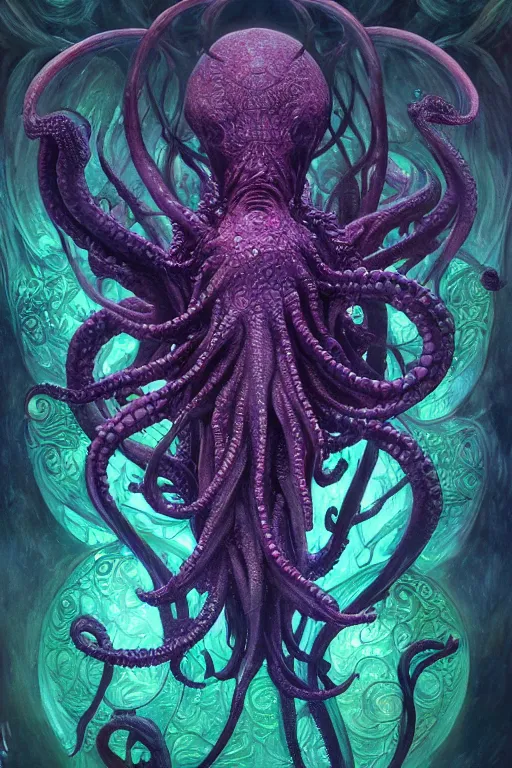 Prompt: psychedelic organic cthulhu mindflayer, gems jewels, diffuse lighting, fantasy, intricate, elegant, highly detailed, lifelike, photorealistic, digital painting, artstation, illustration, concept art, smooth, sharp focus, art by John Collier and Albert Aublet and Krenz Cushart and Artem Demura and Alphonse Mucha