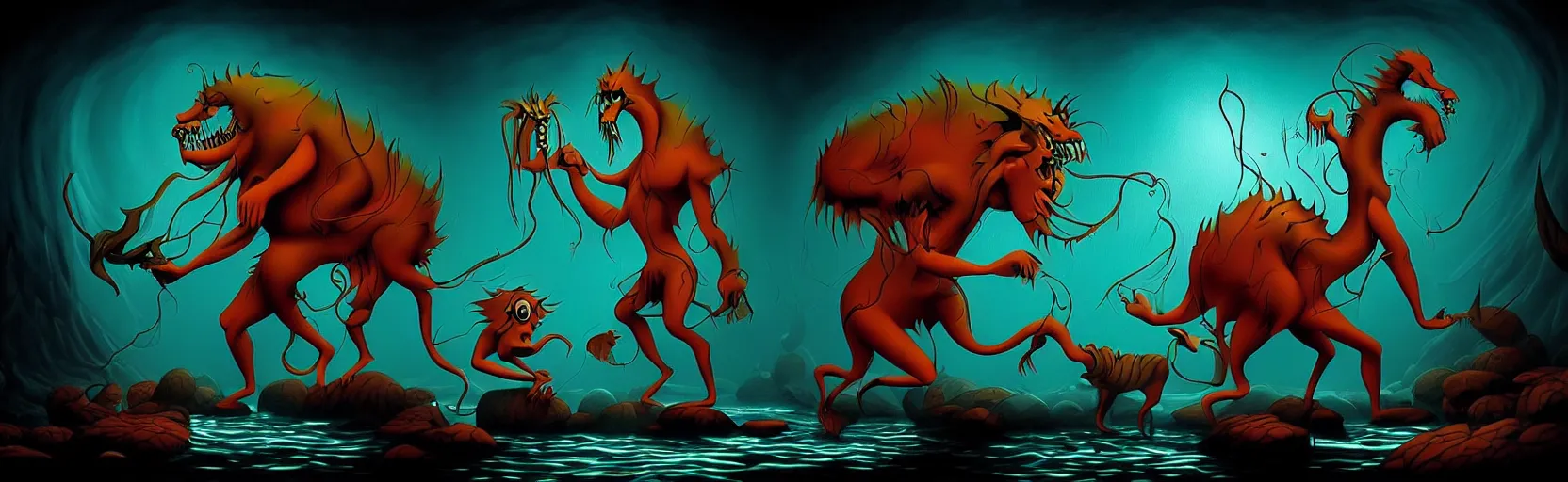 Prompt: strange mythical creatures from the darkest depths of unconscious, dramatic lighting, classic fleischer cartoon characters, surreal painting by ronny khalil