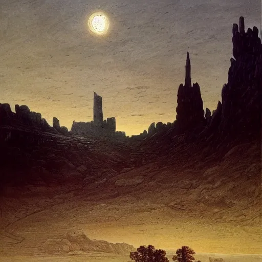 Image similar to Scorched ashen landscape dominated by an obsidian tower, matte oil painting, fantasy, exquisitely detailed, gothic, by Caspar David Friedrich