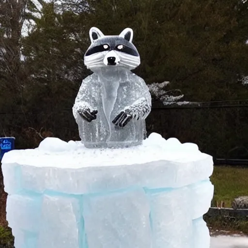 Prompt: an ice sculpture of a raccoon striking a heroic pose.