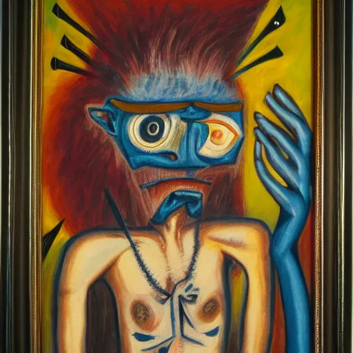 Image similar to portre of an autistic demon on acid, masonic and kabalistic symbols in background, oil painting