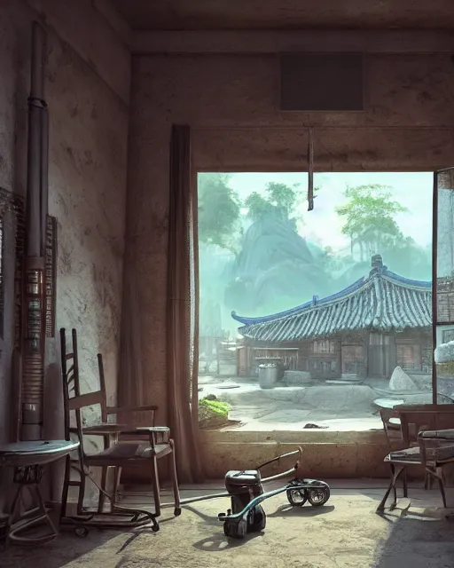 Prompt: artstation scifi scene a chinese village old ward, one ceiling fan, wheelchair, crutches, bed, dust, paneled walls, window, summer unreal engine 5, hyper realism, realistic shading, cinematic composition, blender render, octane render, hdr, detailed textures, photorealistic, wide shot