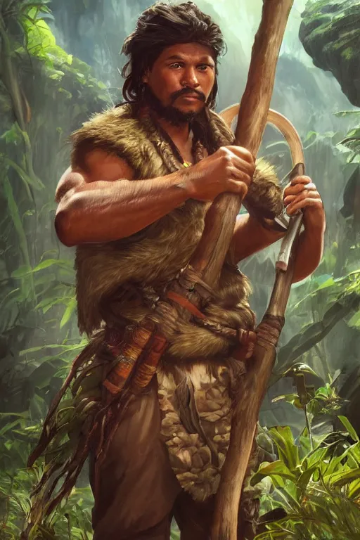 Prompt: full character concept art, doug marcaida holding a kampilan, dense jungle, forge, fire and sparks, it wil keel!!, detailed, high quality, dynamic lighting, dark fantasy. artwork by artgerm, wlop, alex ross, greg rutknowski, alphonse mucha