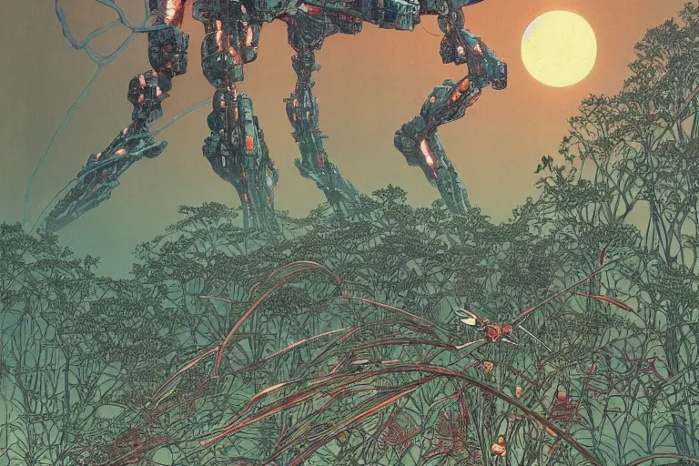 Prompt: lots of glass details, a lot of exotic vegetation, trees, flowers, dull colors, gigantic massive huge tremendous evangelion mecha, extreme close - up staying in the foggy huge dark night forest covered with web and cotton and a lot of glow - worms, by moebius, intricate detailed, risograph