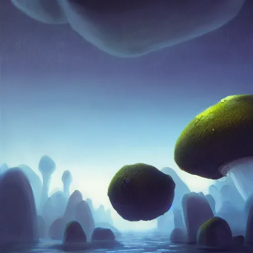 Prompt: a beautiful painting of a giant floating rock, small mushrooms full subject in view, by john harris, mark rothko, rendered in unreal engine, trending on artstation, epic scale fisheye view, deviantart, cyberpunk, 4 k