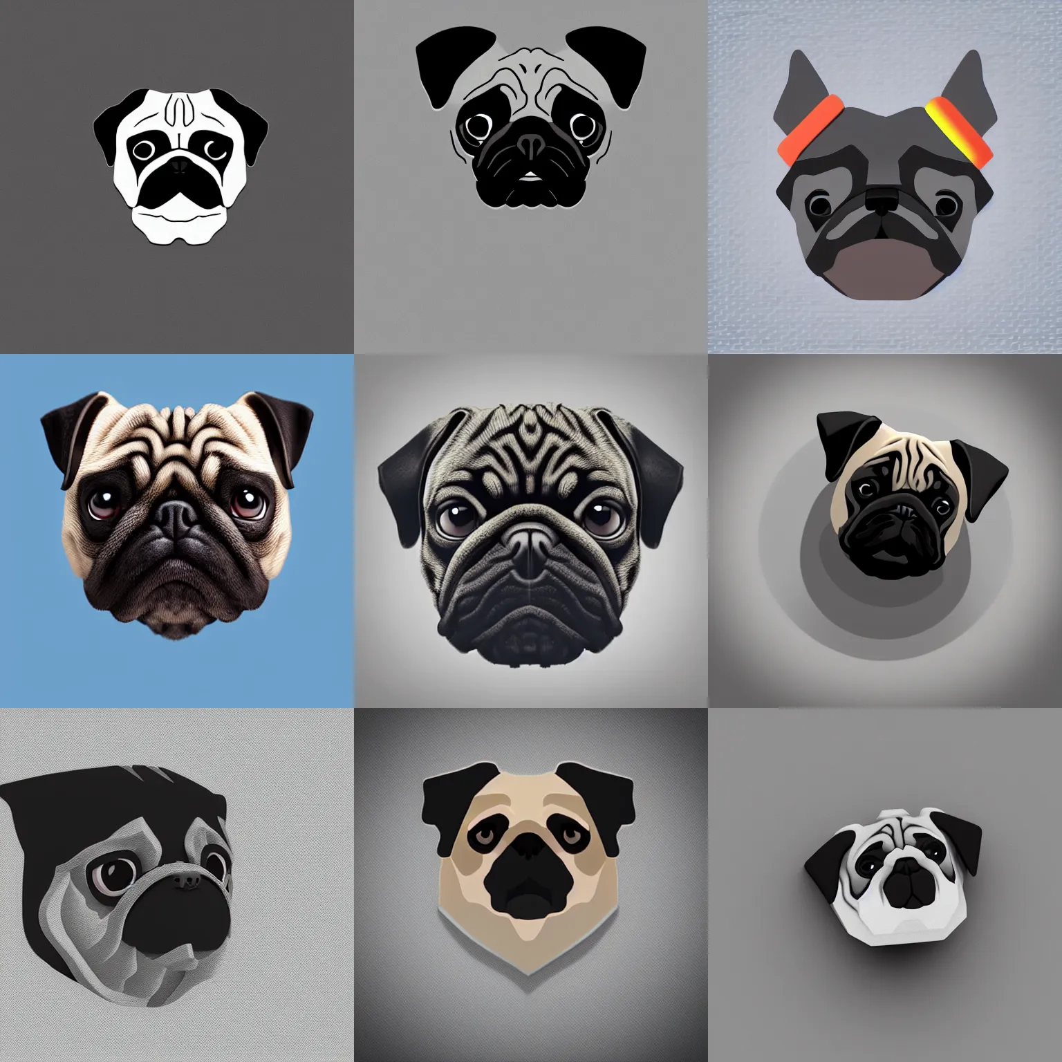 Prompt: Matte 3d icon of a pug head, isometric perspective on white background, 3D render, lat lighting