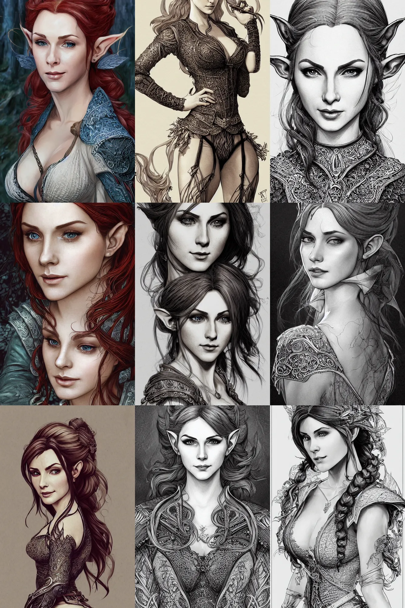 Prompt: alluring highly-detailed pen and ink illustration portrait of an attractive young elf woman (played by Triss from Witcher 3), clothed in a chesty fantasy outfit, intricate, elegant, highly detailed, digital painting, trending on Artstation, concept art, smooth, sharp focus, illustration, in the style of artgerm and greg rutkowski and alphonse mucha