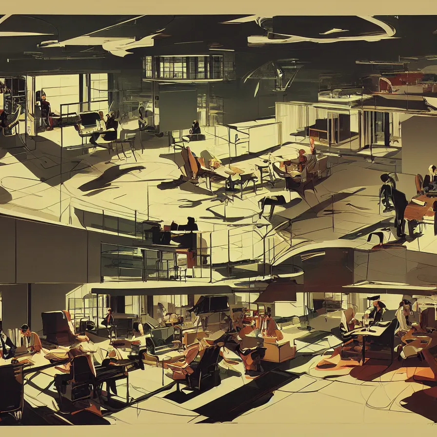 Prompt: concept art of severance indoor office scenario, painted by syd mead