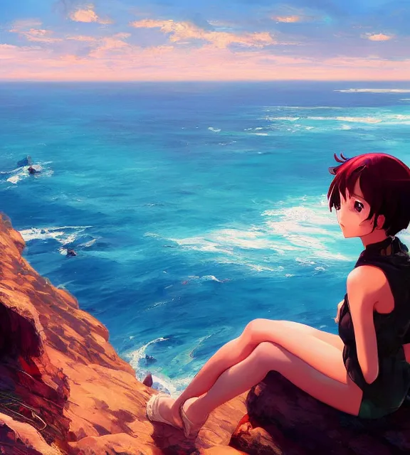 Image similar to a girl sitting on a cliff overlooking a beach. vivid colors, soft lighting, atmospheric, cinematic, moody, in the style of ilya kuvshinov and range murata, krenz cushart, oil on canvas, 8 k