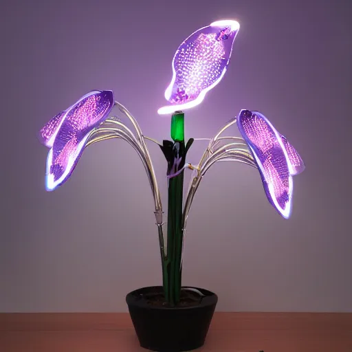 Image similar to a cybernetic, metallic, reflective orchid flower, LED lights, glowing