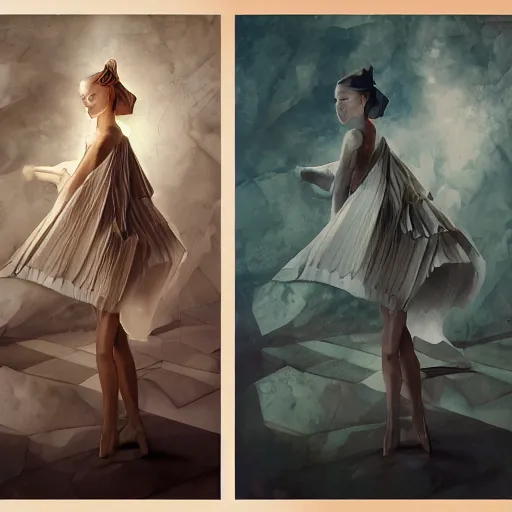 Image similar to 3 / 4 view of a beautiful girl wearing an origami dress, eye - level medium shot, elegant, by esao andrews, by eiko ishioka, by peter mohrbacher, centered, high depth of field, origami, three - view reference sheet, detailed illustration, japanese, reallusion character creator, depth perception, 4 k, deviantart