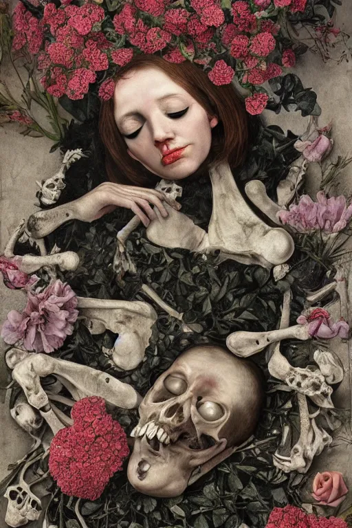 Prompt: a man lying in flowers and bones, he has large eyes and lips and feels an existential dread of love, surrounded by IV bags, HD Mixed media collage, highly detailed and intricate, surreal illustration in the style of Caravaggio, baroque dark art