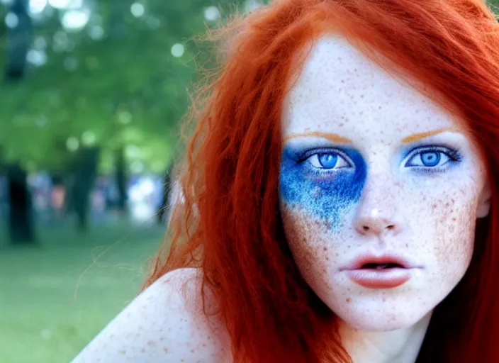 Prompt: award winning 8 5 mm close up face portrait photo of a redhead with deep red hair, freckles and blue eyes in a park by luis royo.