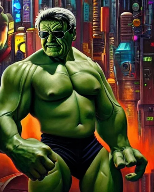 Prompt: hyperrealistic oil painting of cyberpunk mechanical hulk as stan lee, stan lee as a muscular hulk