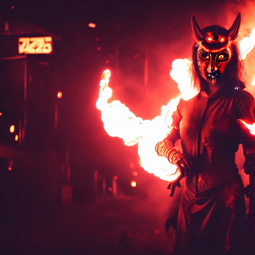 Image similar to a photo close up cyberpunk woman, wearing oni mask, fire dance in cyberpunk dirty alley, smoke mist rain, cyberpunk gunma prefecture, midnight, photorealistic, cinematic color, studio lighting, highly detailed, bokeh, style by tomino - sama