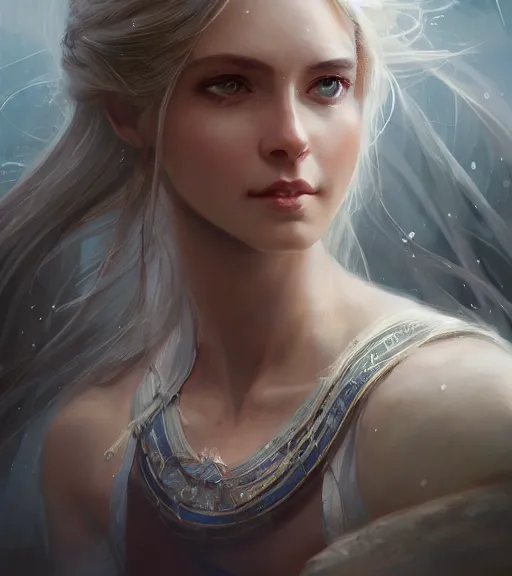 Image similar to a portrait of a beautiful hopeful lady with pretty eyes, beautiful eyes, sparkling eyes, sparkling eyes, highly detailed eyes, looking up, looking up, light smiling, art of wlop and greg rutkowski, intricate, high details, eyes, epic fantasy art, cgsociety, trending on artstation, bright light masterpiece, ray of light through white hair