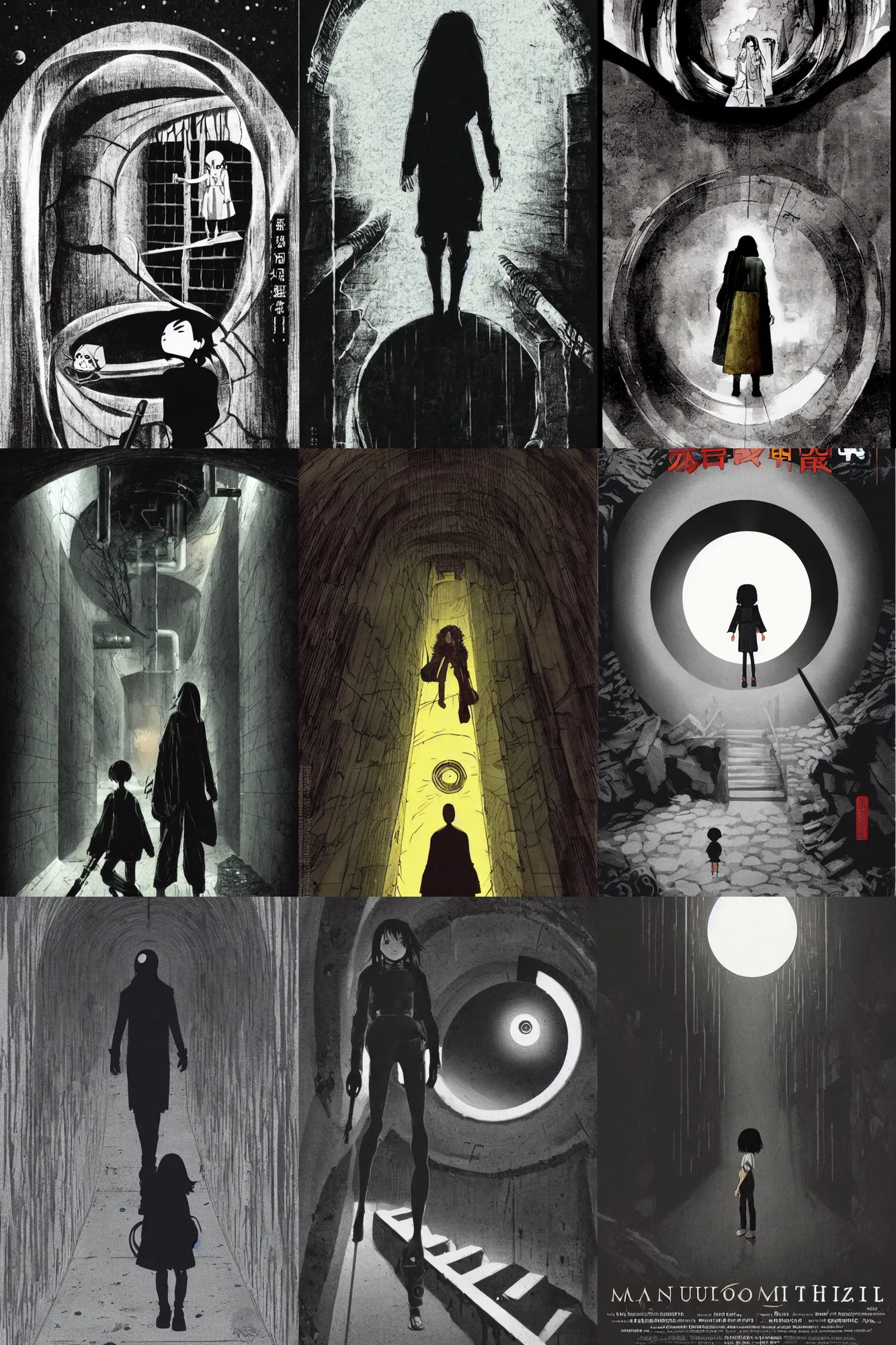 Prompt: mamoru oshii miyazaki movie poster, brutalist, girl outside a dark sewer entrance, six foot sewer pipe, eclipse, vanta black, entrance to a dark tunnel, black circle, black round hole, black depths