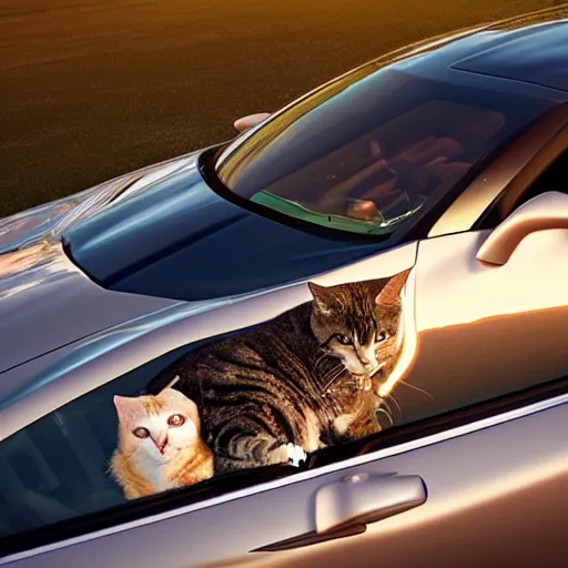 Image similar to corvette with cats sitting in and on the car, cinematic, golden hour, shadows, wide shot