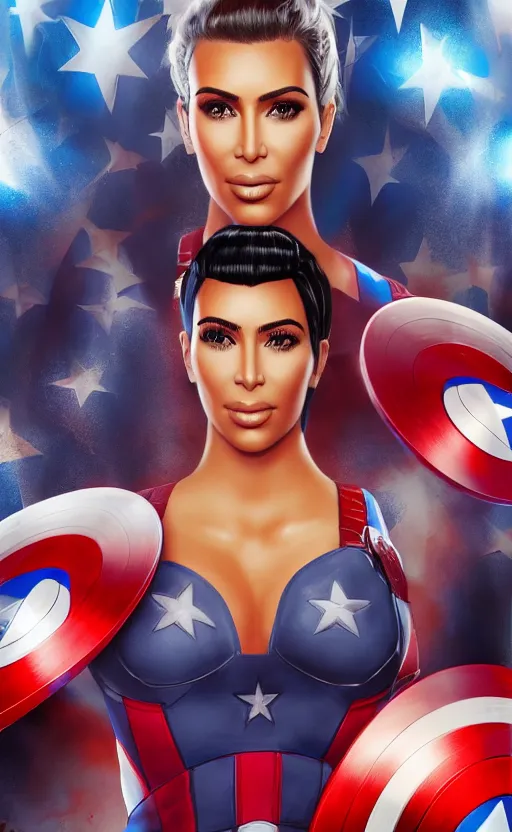 Image similar to Portrait of Kim kardashian as captain america, splash art, movie still, cinematic lighting, dramatic, octane render, long lens, shallow depth of field, bokeh, anamorphic lens flare, 8k, hyper detailed, 35mm film grain