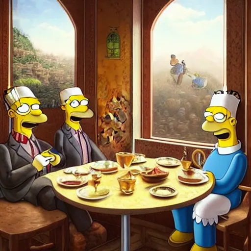 Prompt: Homer Simpson drinking tea in a Kurdish tea house, intricate, elegant, highly detailed, digital painting, artstation, concept art, matte, sharp focus, illustration, art by Artgerm and Greg Rutkowski and Enki Bilal