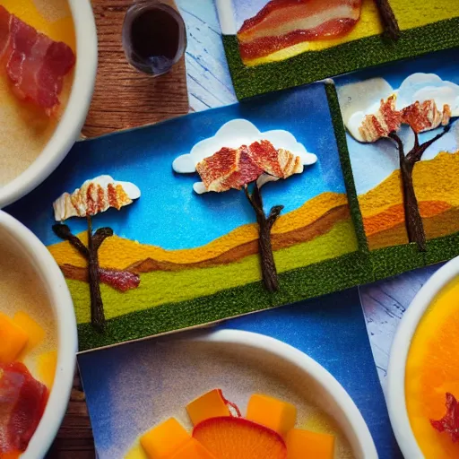 Image similar to landscape made out of breakfast foods. oatmeal mountains, orange juice river, bacon trees. photorealistic, tilt shift effect, 3 5 mm