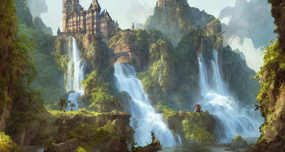 Image similar to A beautiful digital painting of a castle, waterfall, lovely valley by Stanley Artgerm Lau, frank frazetta, Rossdraws, James Jean, gerald brom, Andrei Riabovitchev, Marc Simonetti, and Sakimichan, trending on artstation