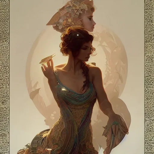 Image similar to fully body, stunningly beautiful woman made of pages of poetry, highly detailed, digital painting, artstation, concept art, sharp focus, illustration, art by artgerm and greg rutkowski and alphonse mucha