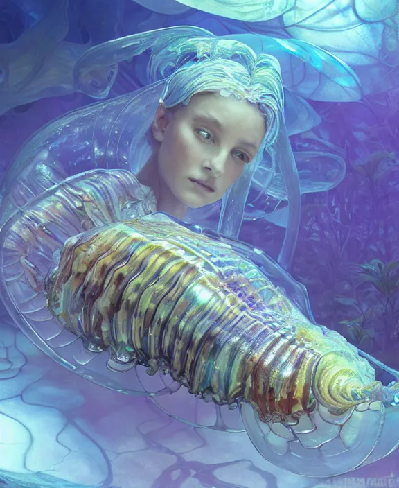 Image similar to opulent transparent clear see - through portrait of a terrifying beautiful male human isopod sea slug, mottled coloring, adorable, childlike, overgrown biopunk jungle environment, ultra realistic, concept art, art nouveau, photorealistic, octane render, 8 k, unreal engine. art by christopher marley and artgerm and greg rutkowski and alphonse mucha