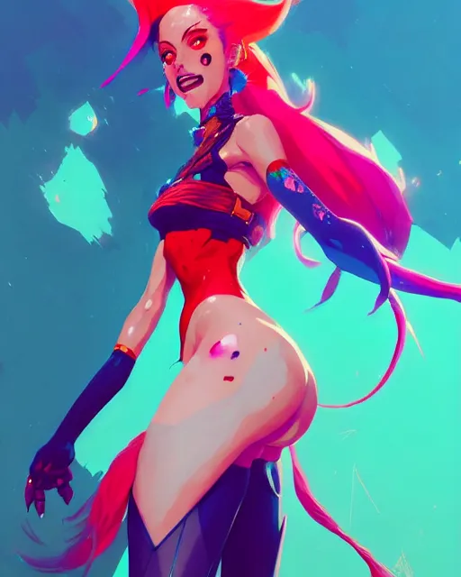 Prompt: a ultradetailed painting of jinx from league of legends by conrad roset, greg rutkowski and makoto shinkai trending on artstation