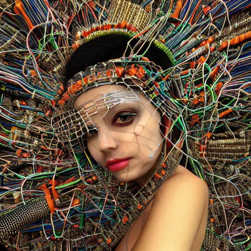 Prompt: swimming deeper into the multiverse, piles of modular synth cables mixed with mangrove roots, kawaii puerto rican goddess chilling out wearing a headpiece made of circuit boards, by cameron gray, wlop, stanley kubrick, masamune, hideki anno, jamie hewlett, unique perspective, trending on artstation, 3 d render, vivid