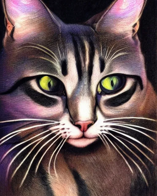 Prompt: close up of a beautiful cat with colourful intricate tattoos, by william - adolphe bouguereau, artistic, intricate drawing, realistic fantasy, extremely detailed and beautiful aesthetic face, 8 k resolution, dramatic lighting