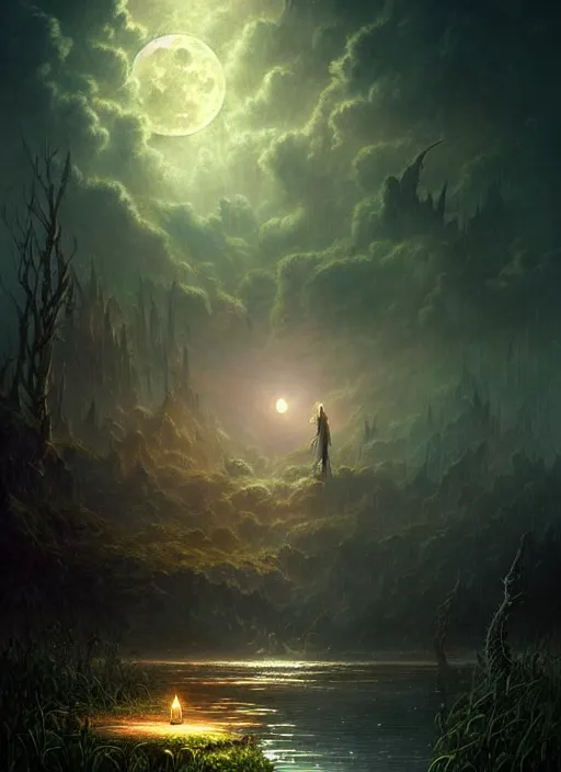 Image similar to fantasy book cover, full moon, fantasy bayou landscape, iridescent elements, fantasy magic, no human, dark light night, intricate, elegant, sharp focus, illustration, highly detailed, digital painting, concept art, matte, art by WLOP and Artgerm and Greg Rutkowski and Albert Bierstadt, masterpiece