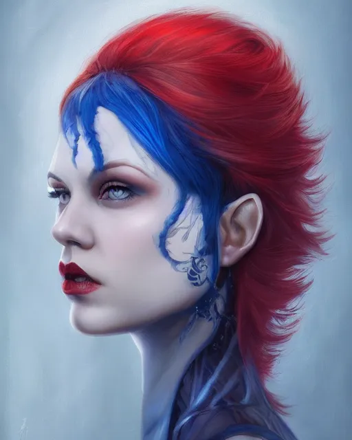 Prompt: A detailed matte oil on canvas head on symmetrical portrait of a beautiful distinguished elven woman with split red and blue hair on an empty background, by Charlie bowater, Wlop, trending on artstationhd, dungeons and dragons art, parted hair , half blue, half red , split dye, critical role