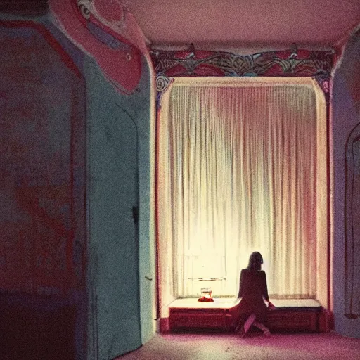 Prompt: a lonely girl in an haunted liminal abandoned room, film still by wes anderson, limited color palette, very intricate, art nouveau, highly detailed, lights by hopper, soft pastel colors
