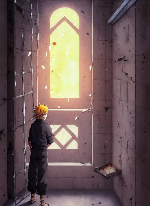 Image similar to highly detailed prison cell with naruto uzumaki with black hair, metal bars in window, powerfully hitting a wall, art by greg rutkowski, loish, rhads, ferdinand knab, makoto shinkai and lois van baarle, ilya kuvshinov, rossdraws, tom bagshaw, global illumination, radiant light, detailed and intricate environment