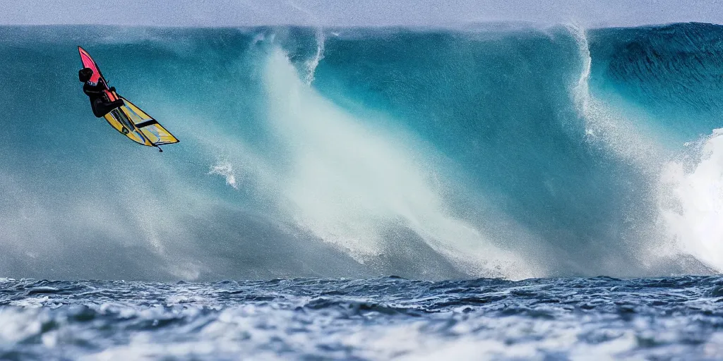 Prompt: kristoffer egeberg windsurfing in hawaii, extreme closeup