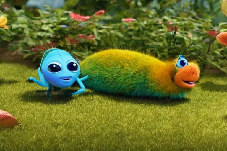 Image similar to disney pixar's a bug's life, cgi caterpillar colorful, furry caterpillar