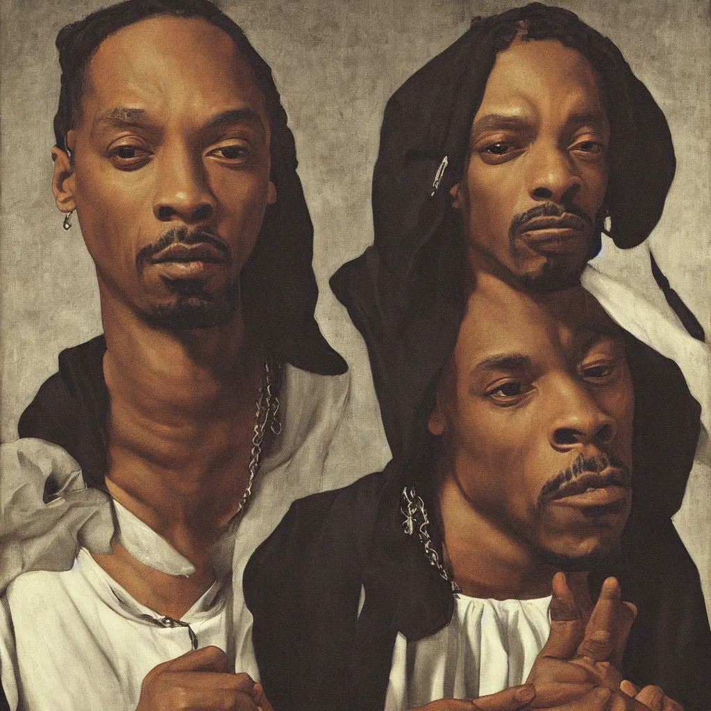 Prompt: painting portrait nas, dr dre, snoop dogg, hip hop culture, dope simbol, street, alchemy simbol archetype, crown, empire, power, 2 d art detail hd perfectly centered, clean background by rubens by zurbaran by caravaggio by miyazaki, dramatic light, cinematic