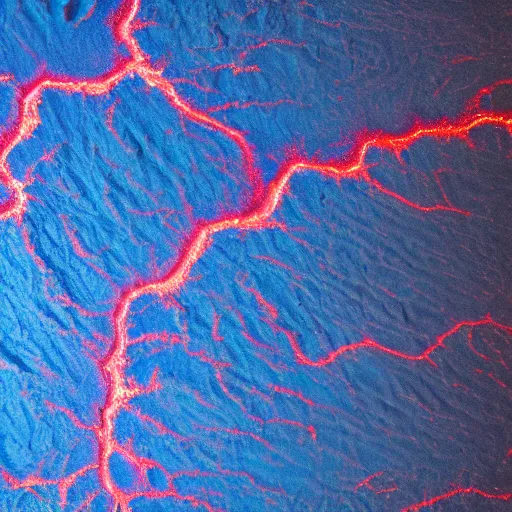 Image similar to a picture of an alien planet, taken from orbit, dark blue planet, red narrow lava rivers, center of the frame