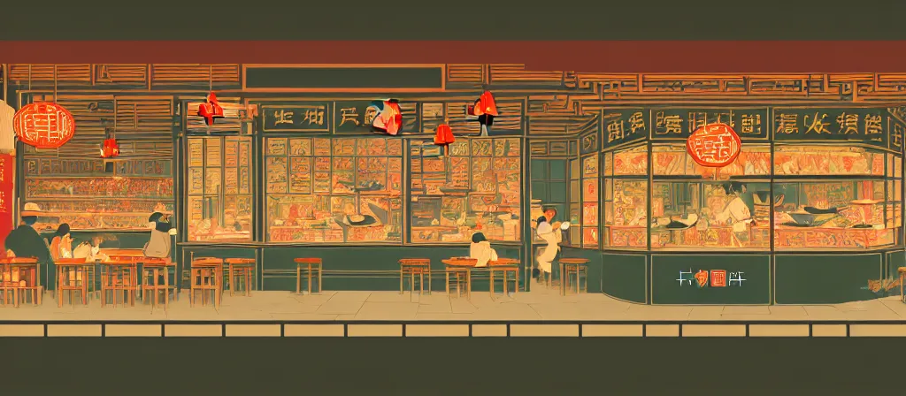 Image similar to a beautiful simple 4 k hd wallpaper illustration of interior view of the corner of roasted string hotpot shop, simple style, from china, with merchant logo, simple structure, surrealistic, chinese style, victo ngai, james jean, denoise, deblurring