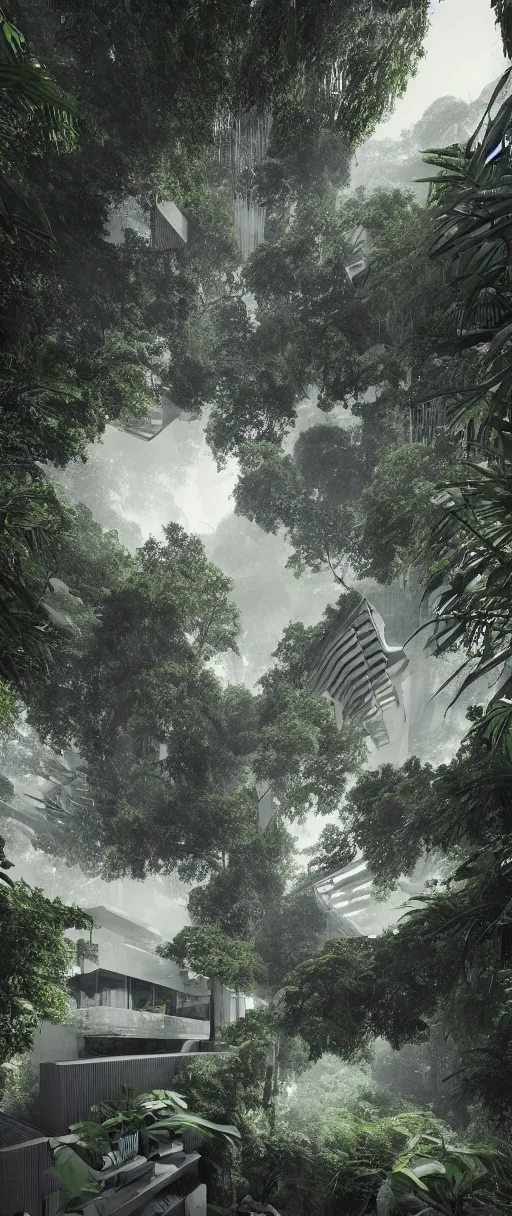 Prompt: architecture inspired by le corbusier in the rainforest. nature is taking over. upside down. metabolism. matte painting. octane render. hdr. volumetric lighting. global illumination. atmospheric. monochrome.