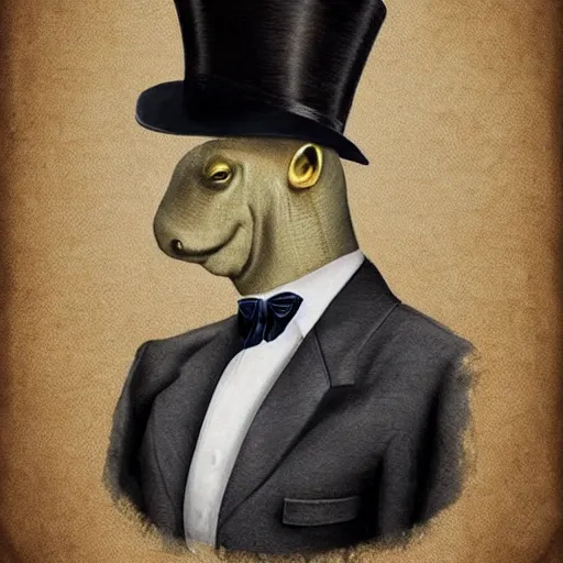 Prompt: brontosaurus wearing a vintage suit and tophat, realistic, detailed, portrait, vintage, retro