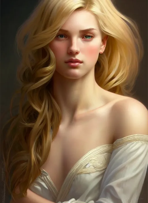 Prompt: perfectly feminine face!! full body portrait of young wife blessed by god with ever - increasing physical mental perfection, blonde, symmetrical! intricate, sensual features, highly detailed, biblical divine holy perfection!! digital painting, artstation, concept art, smooth, sharp focus, illustration, art by artgerm and greg rutkowski and alphonse mucha