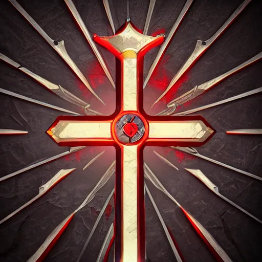 Prompt: game - icon of crossed medieval sword and axe, on a red prism, powerful fantasy epic legends, game icon stylized, digital illustration radiating, a glowing aura, global illumination, ray tracing, 8 k high definition, intricate details, octane render, unreal engine, trending on arstation