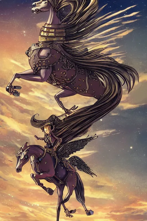 Image similar to a mechanical horse with wings flying across glimmering stairways to otherworldly galaxies, high intricate details, rule of thirds, golden ratio, cinematic light, anime style, graphic novel by fiona staples and dustin nguyen, by beaststars and orange, peter elson, alan bean, studio ghibli, makoto shinkai